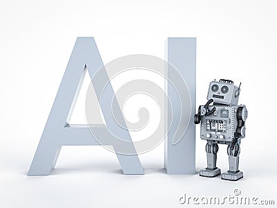 Robot tin toy with ai text Stock Photo