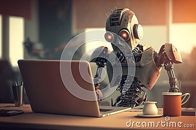 Robot took away the workplace from an office employee and now instead works as a clerk, doing boring monotonous work at Stock Photo