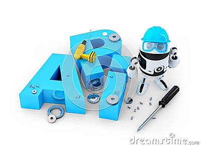 Robot with tools and application programming interface sign. Technology concept Stock Photo