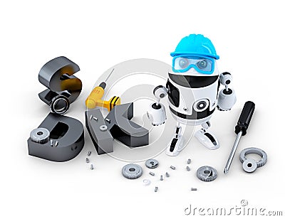 Robot with tools and SDK sign. Technology concept Stock Photo