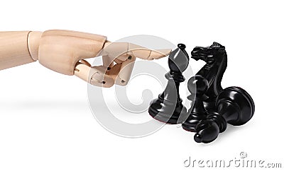 Robot touching bishop isolated on white. Wooden hand representing artificial intelligence playing chess Stock Photo