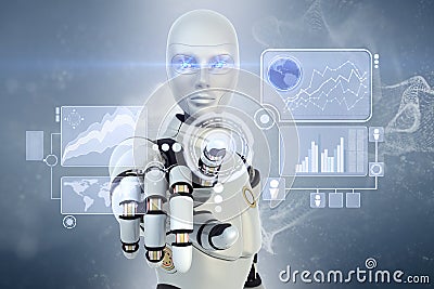 Robot and touchscreen Stock Photo