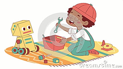 Robot toy assembly: Child assembling a robot toy, construction play and learning robotics vector design Generative AI Vector Illustration