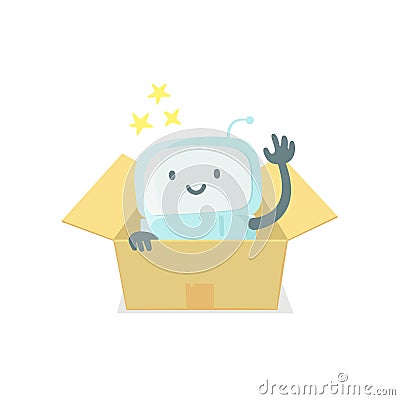 Robot toy in the box. Cute small new emoji sticker Icon. Very cute for child kid surprise box. You are beautiful Vector Illustration