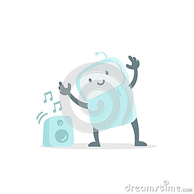 Robot toy listens to music and dances. Cute small new emoji sticker Icon. Very cute for child kid audio. You are Vector Illustration