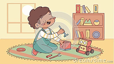 Robot toy repair: Child fixing a robot toy with tools, hands-on tech repair and problem-solving vector design Generative AI Vector Illustration