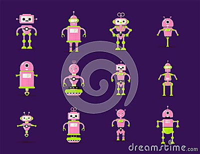 Robot toys collection in pink, green colors. Fun vector robots toy set icon in flat style isolated on violet background Vector Illustration