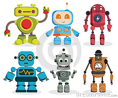 Robot toys vector characters set. Colorful kids robots elements Vector Illustration