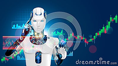 Robot trading on stock market. Artificial intelligence of forex broker with analyzing business charts with investment financial Vector Illustration