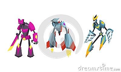 Robot Transformers Set, Powerful Robots, Fantasy Cyborg Soldier Cartoon Vector Illustration Vector Illustration