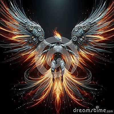 robot transforming into a phoenix with its wings of fire Stock Photo