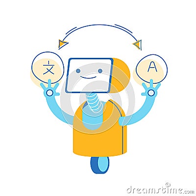 Robot Translator of Foreign Language on White Background. Ai Chatbot Online Support for Translation Document Vector Illustration