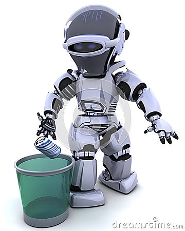 Robot with trash can Stock Photo