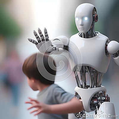 A robot trying to stop a child. Stock Photo