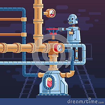 The robot turns the valve on the pipeline Vector Illustration