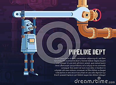Robot turns the valve on the pipeline with a wrench Vector Illustration