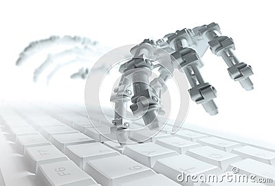 Robot typing on a computer keyboard Cartoon Illustration