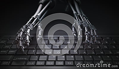 Robot typing on a computer keyboard Cartoon Illustration