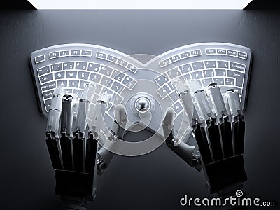 Robot typing on conceptual self-illuminated keyboard Stock Photo