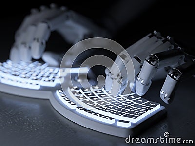 Robot typing on conceptual self-illuminated keyboard Stock Photo