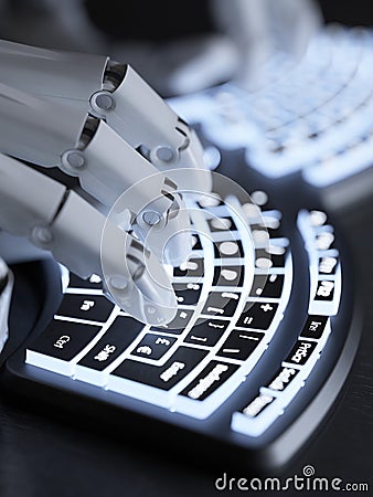 Robot typing on conceptual self-illuminated keyboard Stock Photo