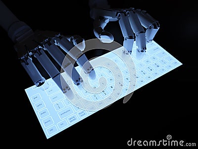 Robot typing on fluorescent keyboard Stock Photo