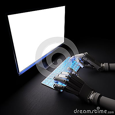 Robot typing on pc in darkness 3d illustration Cartoon Illustration