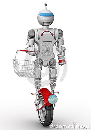 Robot on unicycle with grocery basket Stock Photo