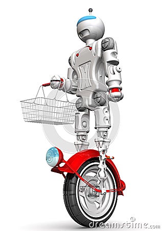 Robot on unicycle with grocery basket Stock Photo