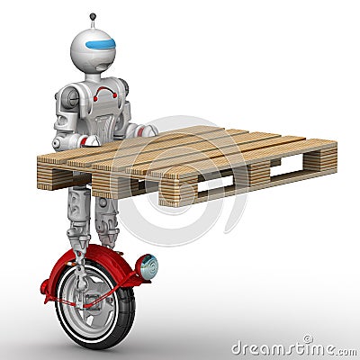 Robot on unicycle holds a pallet Stock Photo