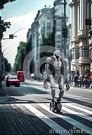 A robot on a unicycle rides through the streets of the city. AI generated. AI Generated Stock Photo