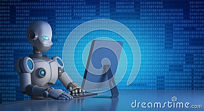 Robot using a computer with binary code, artificial intelligence Cartoon Illustration