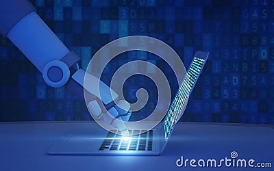 Robot using a computer with data code. Hand of artificial Cartoon Illustration
