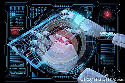 Robot using a computer. Ð¡yborg typing on the keypad. 3d render illustration. Hud hologram futuristic background Cartoon Illustration