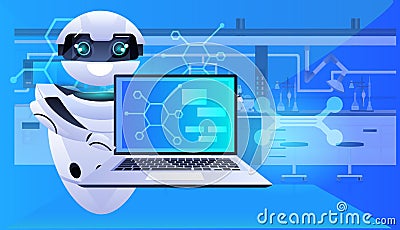 robot using laptop robotic chemists making experiments in lab artificial intelligence concept Vector Illustration