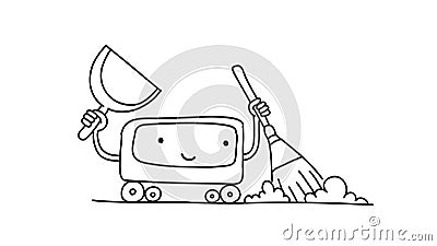 Robot Vacuum cleaner sketch. With broom and scoop. Illustration hand drawn. Tidy up cleaning. Smart House gadget Vector Illustration