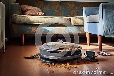 robot vacuum cleaning under a sofa, revealing hidden dust Stock Photo