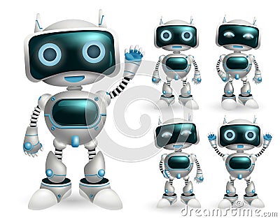 Robot vector character set. Robotic characters in standing pose and gestures in modern design for toy robots game cartoon. Vector Illustration