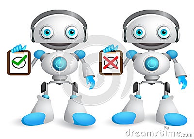 Robot vector characters set. Friendly robotic android holding white board Vector Illustration