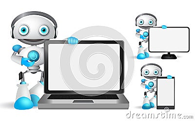 Robot vector characters set holding laptop, mobile phone Vector Illustration