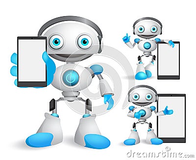 Robot vector characters set holding mobile phone gadget Vector Illustration