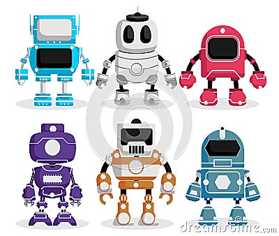 Robot vector characters set. Robotic character with futuristic technology design for electronics fun and game robots cartoon. Vector Illustration