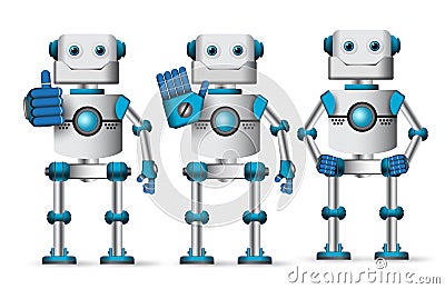 Robot vector characters set standing with different hand gestures Vector Illustration