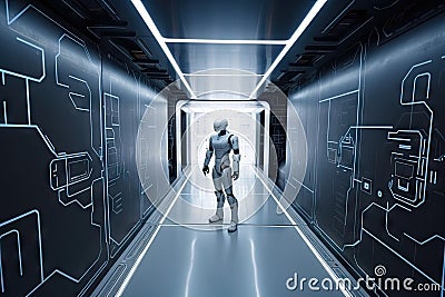 robot, in virtual reality simulation, navigating maze of corridors and obstacles Stock Photo