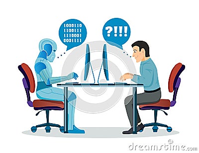 Robot Vs Human. Robotic Machine And Man Working At Computer Vector Illustration