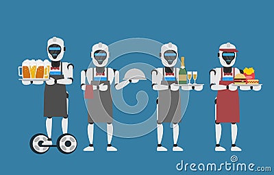 Robot waiter holding tray with beer champagne fast food Vector Illustration