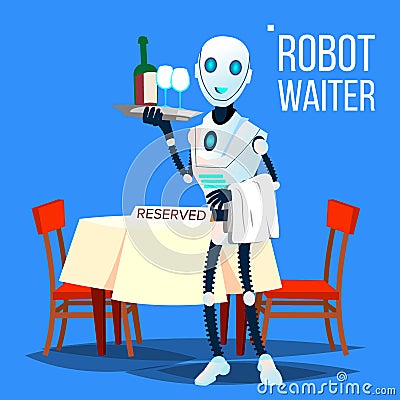 Robot Waiter Holding Tray With Drinks Vector. Isolated Illustration Vector Illustration