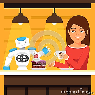 Robot waiter serving coffee and cake Vector Illustration