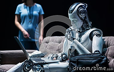 A robot waiting in a modern office sofa for a job interview. Ai thinking technology at work. Generative ai. Stock Photo