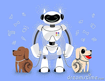 Robot walking with dogs. Artificial intelligence technology. android assistant people. robots will replace humans Vector Illustration